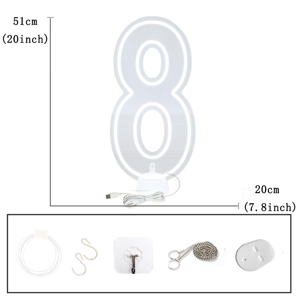 Targa LED al neon con numero 8, 50,8 cm, dimmerabile, luci bianche per feste di compleanno, montaggio a parete, alimentazione USB, 50,8 cm, numero 8