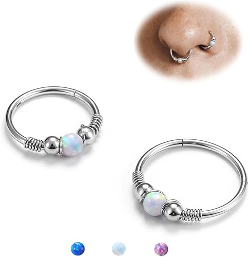 BodyBonita Opal Nose Rings Hoops - 316L Surgical Steel Septum Ring for Women Con