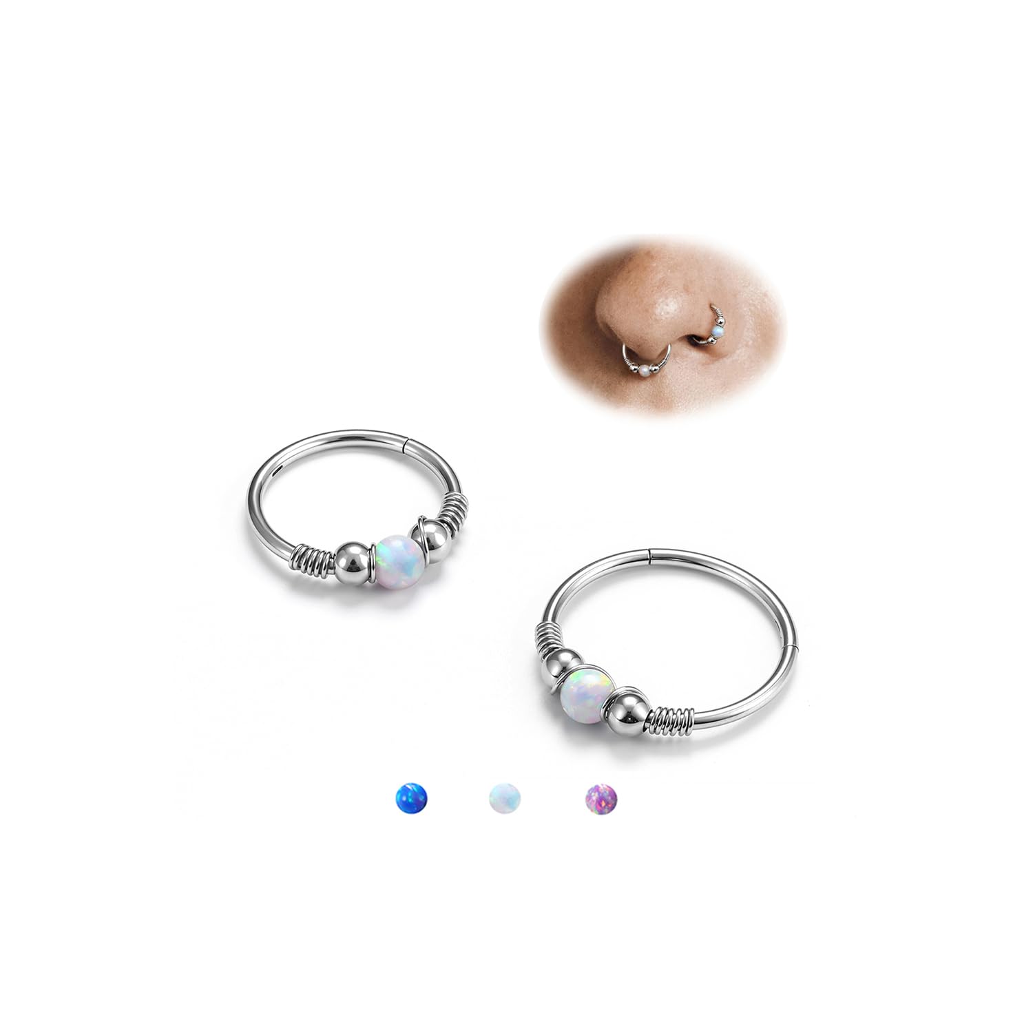 BodyBonita Opal Nose Rings Hoops - 316L Surgical Steel Septum Ring for Women Conch Piercing Jewelry Daith Helix 2Pcs 16G 18G