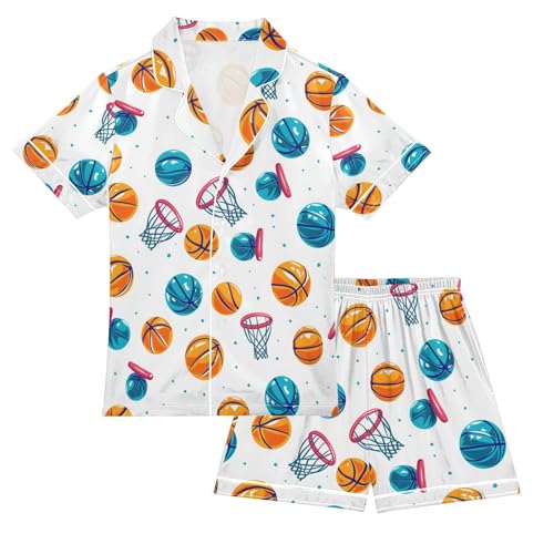 ALAZA Basketball Ball Polka Dot Pajamas Satin Pajama Set Short Sleeve Button Down Sleepwear