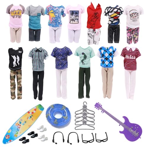 33 PCS Doll Clothes and Accessories Doll Including 5 Tops 5 Pants Casual Wear in Random 4 Pair of Shoes Hangers Glasses Earphone Guitar Surfboard Swimming Ring for 12 Inch Boy Doll