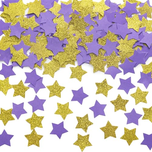 Image of MOWO Gold and Purple Star Confetti Table Decoration, 1.2'', 200pc | Graduation Birthday Retirement Wedding Pride Theme Party, eid
