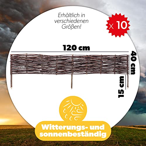 KADAX Palisade aus Weide, natürlicher Weidenzaun, handgemachter Weidenflechtzaun, Gartenzaun für Wegabgrenzung und Beete, Zaun Rasenkante (10 Stück 120x40cm)