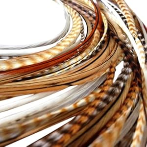 Hair Feathers Kit, 20 Feathers for Hair, Long Feather Extensions with beads and loop tool, 100% Real Rooster Feather Accessories Brown Black White Natural