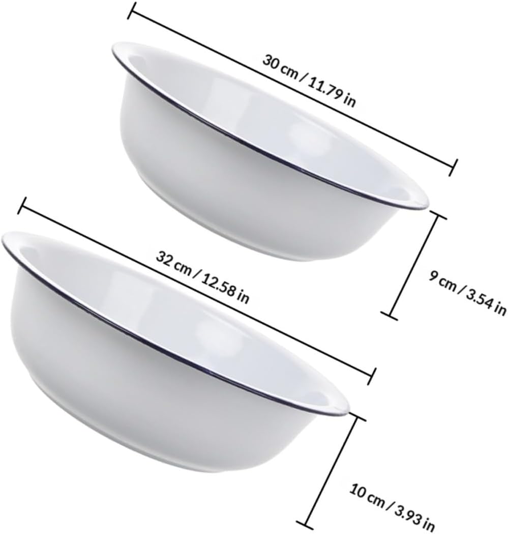 2pcs White Enamel Mixing Bowls 30cm 32cm Thickened Vintage Metal Fruit Washing Basins Kitchen Ceramic Basins for Food Prep and Salad Serving