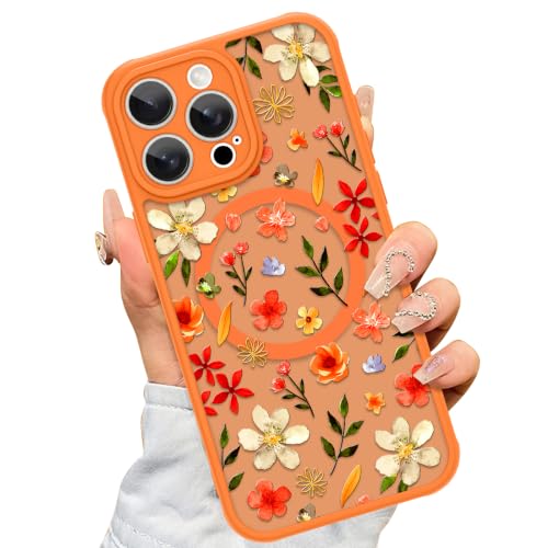 AIGOMARA Magnetic Case for iPhone 15 Pro Max, Floral Flower - Orange