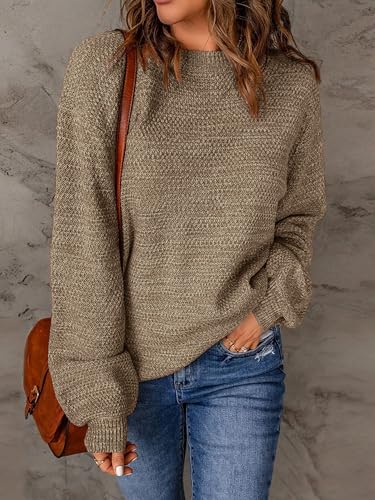 Image of NIeyook Womens Sweaters 2024 Cute Balloon Sleeve Oversized Pullover Knit Tops Fall Lightweight Heathered Sweater Dark Khaki L