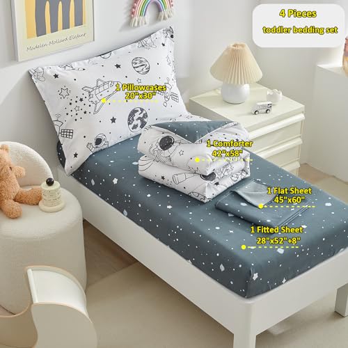 Image of DuShow 4 Piece Toddler Bedding Set for Boys,White Space Crib Bedding Sheets Set,Soft Toddler Comforter Set Bed in a Bag | Include Comforter,Flat Sheet,Fitted Sheet,Pillowcase