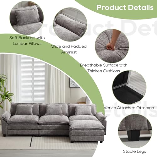 Image of Oprisen 120 inch Modular Sectional Sofa, Comfy Cloud Couch Sectional Sofa with Ottoman, Chenille Sofa Sleeper Deep Seat Sofa with Throw Pillows for Living Room (Light Gray, 120 inch- L Shape)