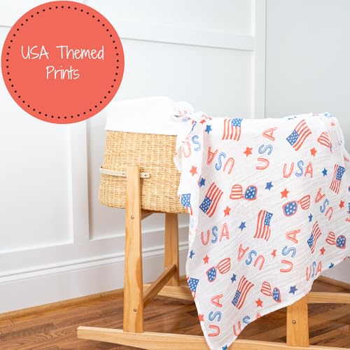 Image of LollyBanks Swaddle Blanket 4th of July, 100% Cotton Muslin Swaddle Blankets, Neutral Swaddle Blanket 47 x 47 Inches, Baby Blanket for Boys and Girls, Baby Essentials, Registry (USA Print)