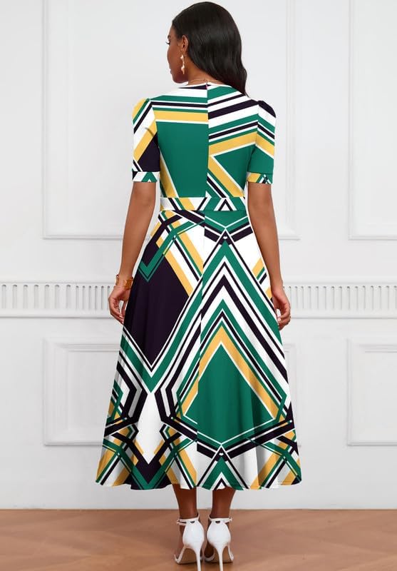 Image of MarryUP Women's Midi Dresses - V Neck Cocktail & Church Tea Dresses - Short Sleeve A-Line Swing Dress