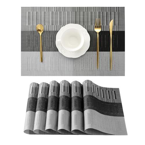 Leetaltree Grey with White Striped Placemats Set of 6 – Heat Resistant Non-Slip Place mats for Dining Table, Washable Durable PVC Vinyl Woven Table Mats（Grey Stripe, 6）