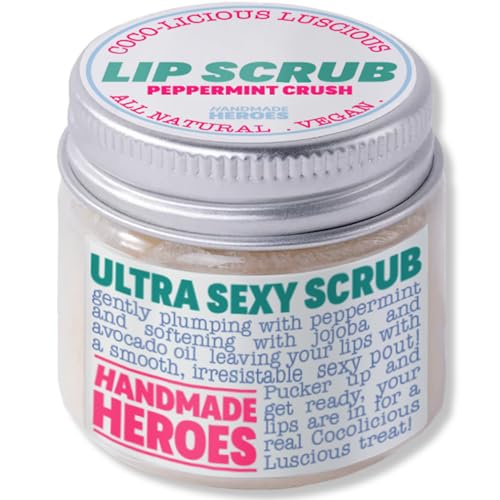 Handmade Heroes Peppermint Lip Scrub - 100% Natural Vegan Conditioning Lip Exfoliator &amp; Sugar Polish for Dry Chapped Lips - Lip Plumper &amp; Hydrating Lip Therapy for Smooth Supple Lips 1 oz