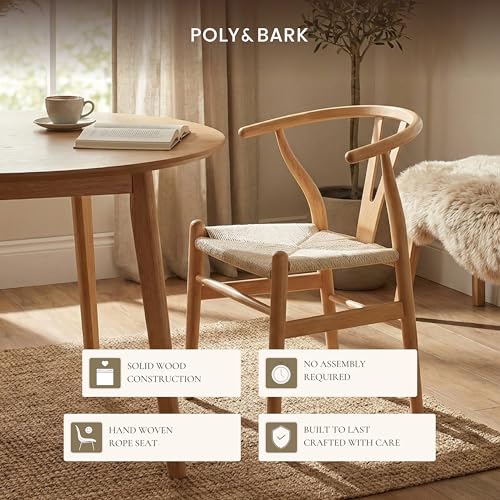 Image of POLY & BARK Weave Dining Chairs - Mid-Century Modern Wishbone Dining Chairs with Arms, Solid Wood Frame, Indoor Use - Natural - Set of 2 - Ideal for Dining Room, Kitchen or Stylish Accent Setting