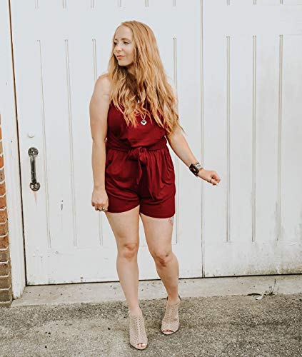 Zesica Women's Summer Sleeveless Halter Neck Solid Color Knot Front Short Jumpsuit Romper With Pockets,Wine,Medium #TOP6
