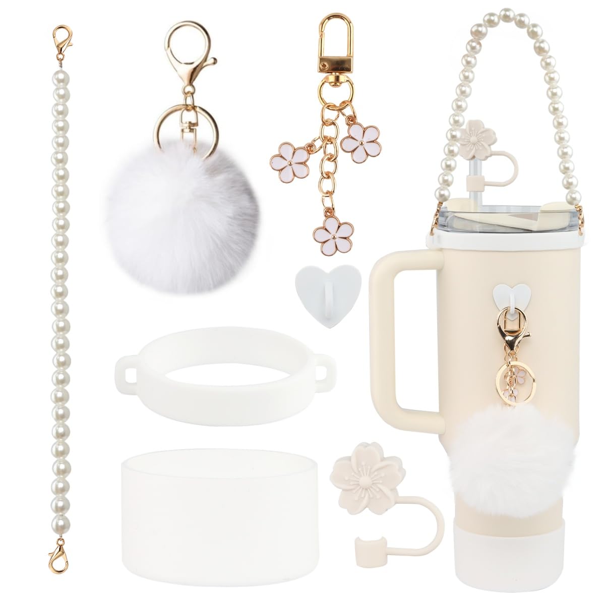 Rabrgab 7Pcs White Stanley Cup Accessories Set - Water Bottle Handle Strap, Silicone Flower Straw Topper, Silicone Cup Boot, Pompom and Flower Charms