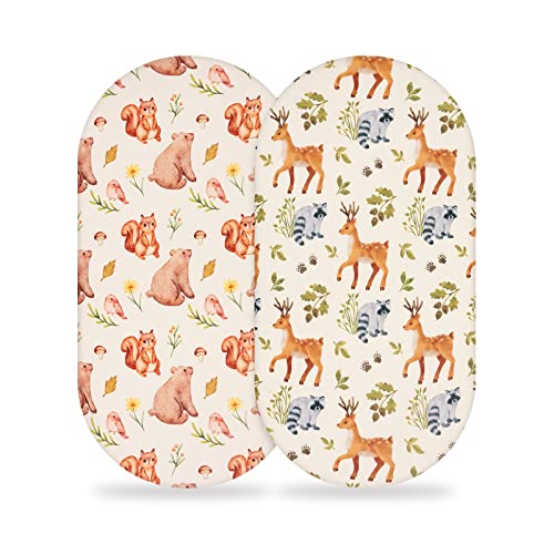 Image of SnoozyNest Bassinet Sheets Set 2 Pack, Universal Fit for Oval, Rectangle, Round, Hourglass Bassinet Mattress, Ultra Stretchy Snug Fitted Bassinet Sheets for Baby Boys Girls (Forest Animals)