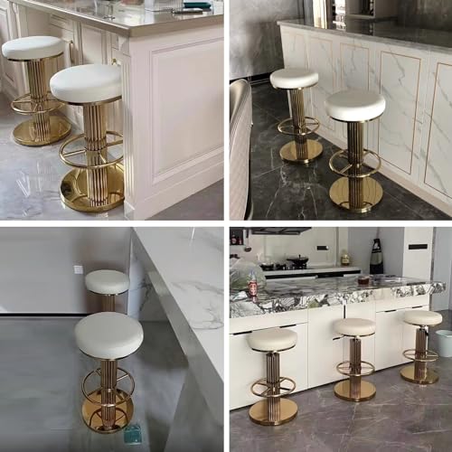 Image of Gold Bar Stools Set of 3 Adjustable Swivel Backless Counter Stool | 360 Swivel, 25.6 inch-29.5 inch Adjustable, Leather Thick Cushion, Stainless Steel Frame, 350 lbs Capacity, Gold