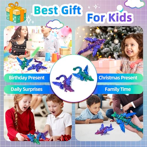 Image of 2 Pack 3D Printed Dragon with Wings - 9 inch Flying Dragon, Flexible Articulated Winged Toy, Office Desk Toy, Home Decor, Easter Basket Stuffers (Purple+Green Blue)