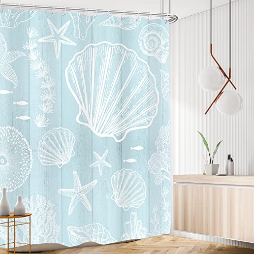 Ambzek Starfish Seashell Shower Curtain 60Wx72L Inch Nautical Beach Coastal Farmhouse Wooden Plank Ocean Vintage Rustic Artwork Cloth Fabric Waterproof Polyester Bathroom Decor Set With 12 Pack Hooks #TOP1