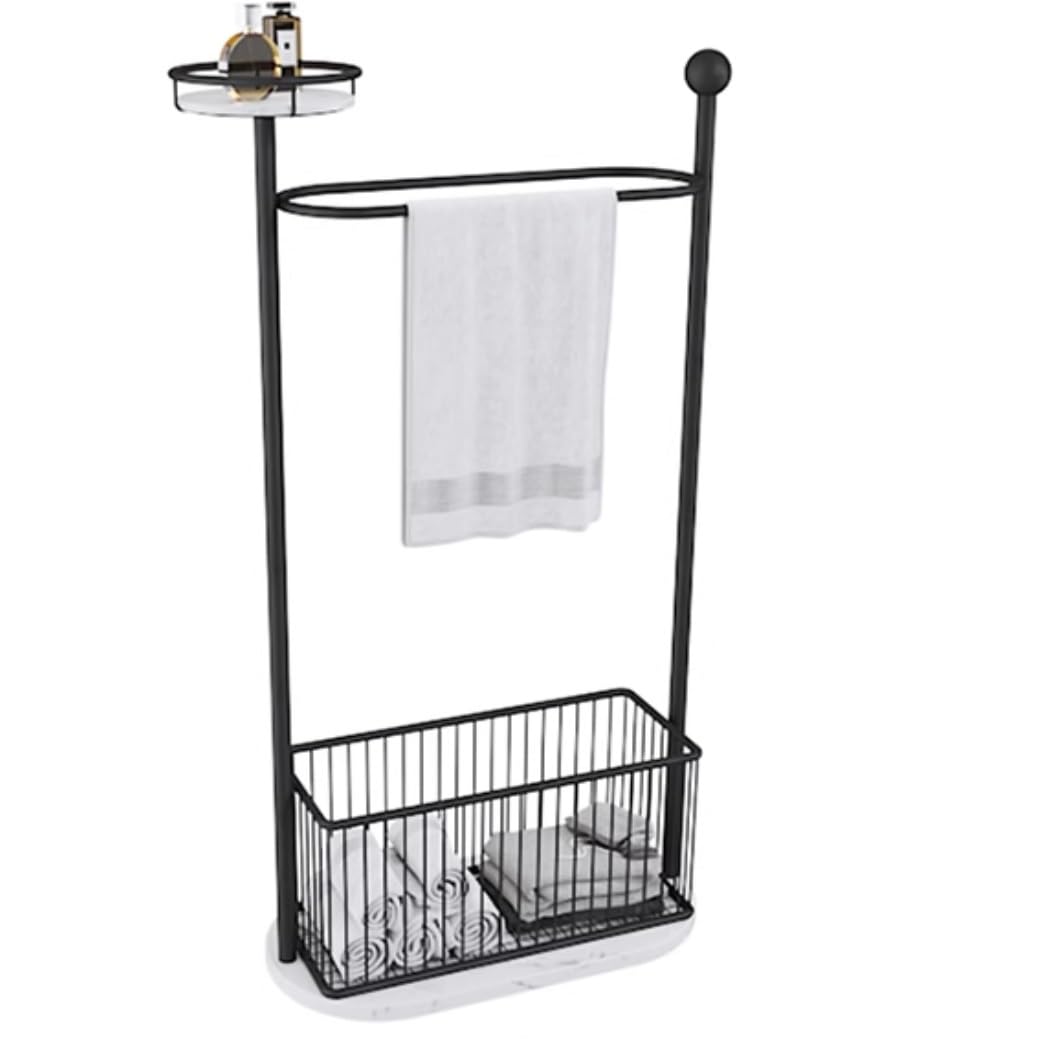 DKRAHRJJ Freestanding Towel Rack, Metal Towel Stand with Laundry Basket and Storashelf Towel Holder for Bathroom/Black
