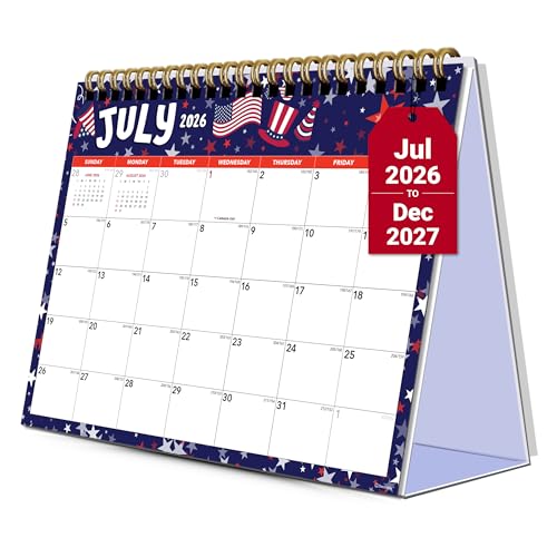 Decorably 18 Months Colorful Assorted Standing Small Desk Calendar 2026-2027 July 2026 to December 2027 8x6in Spring-Bound Sheets for Office Home & School