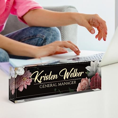 Image of Name Plate for Desk, Desk Name Plate Personalized, Office Decor for Women Men, Acrylic Desktop Accessories, Office Appreciation Gifts for Boss Social Workers Nurse Teacher Employee (Black /Flowers)