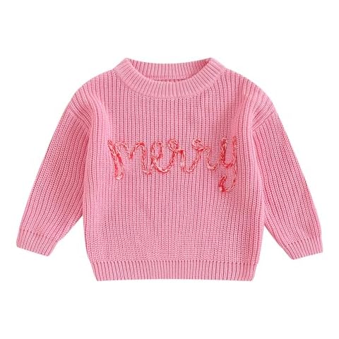 Arvbitana Newborn Toddler Baby Boy Girl Christmas Sweater Merry Embroidery Knitted Sweater Oversized Winter Warm Clothes (A-Pink, 2-3 Years) Cover