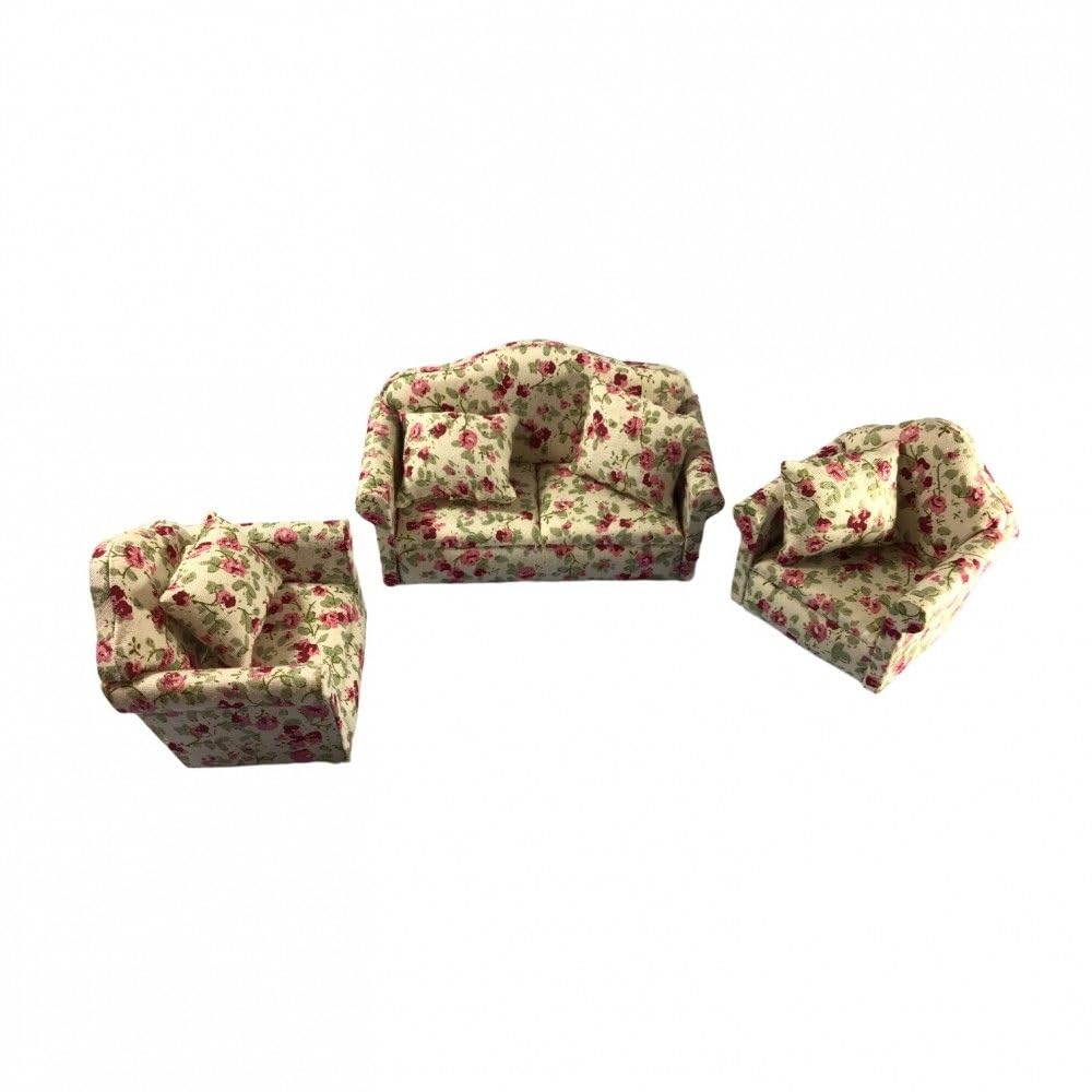 Dolls House Floral Sofa and Chairs, 1:12 Scale, Cream, Set of 3, White, Pink, Floral