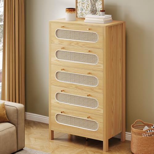 GOOBED Natural Rattan 5 Drawer Dressers Wooden Chest of Drawers with Golden Handles - Modern Large Boho Dressers Storage Cabinet for Living Room Hallway/Entryway Oak Nature