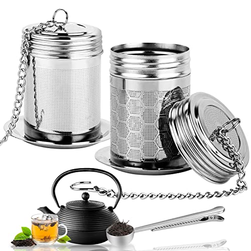 AOMIAO Teesieb für Losen Tee - 2 Stück Teeei für Losen Tee mit Deckel und Abtropfschale, Teesieb für Teekanne, Feinmaschiger Teefilter mit Kette für Teekannen, Tassen, Teeflaschen mit 1 Löffel Cover
