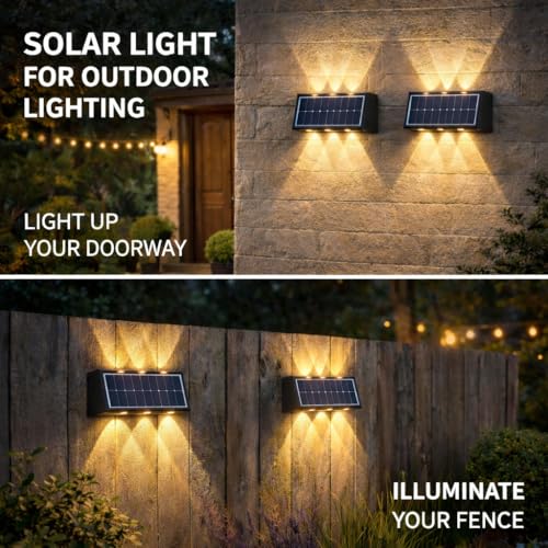 Image of Gesto 6W Solar Wall Lights Outdoor Waterproof IP65, Warm White Up & Down Wall Lamp with 1200mAh Battery, Auto ON /Off Dusk to Dawn, Exterior Light for Garden Fence Gate Patio Pathway Elevation Balcony