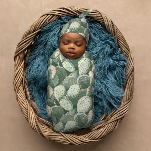 Image of Watercolor Cactus Newborn Swaddle Blankets Hat Sets Soft Baby Receiving Blanket Swaddle Sack for Baby Shower Infant Boy Girl Gift