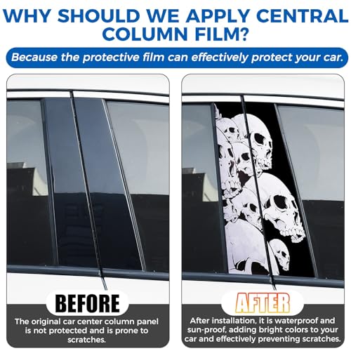 Image of Blueshyhall 2PCS Car B-Pillar Vinyl Decals, Horror Skull Black White Personalized Vehicle Door Pillar Sticker, Waterproof Sun Protection Scratch Cover