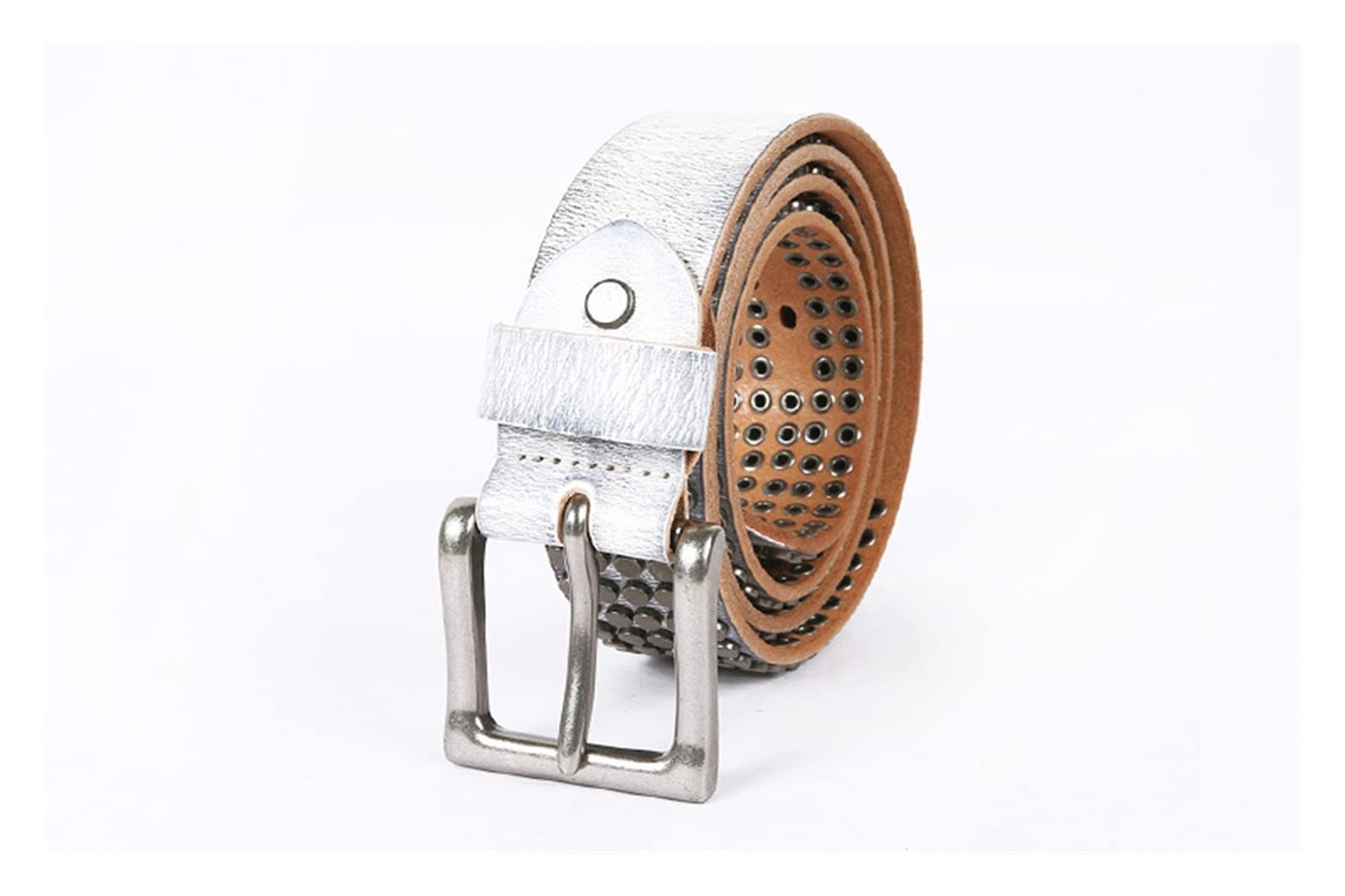 Ceinture Homme, Parker à Cinq Rangs Petite Courroie de rivette Hommes et Femmes Peuvent être la Ceinture de Boucle de Boucle en Cuir Blanc (Color : White, Size : 105CM)