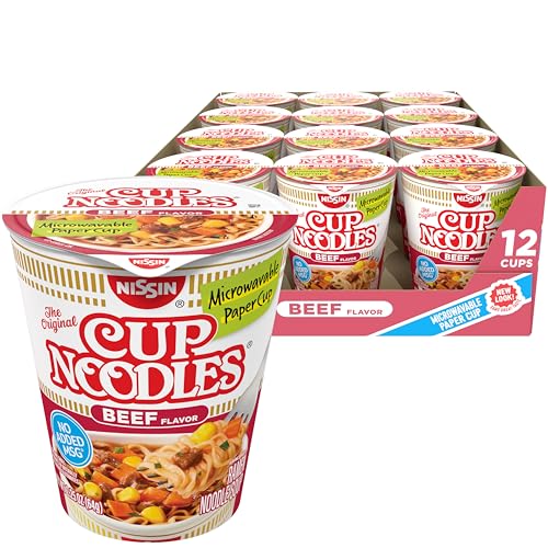 Comparison: Best Microwave Noodles 3 Nissin Cup Noodles Soup, Beef Flavor, Microwaveable Paper Cups, Instant Ramen, 2.25 Ounce (Pack of 12)