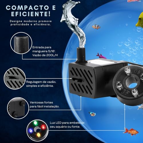 Bomba Submersa PL-118 com Luz LED para Aquários e Fontes – 220 L/H, Silenciosa, Baixo Consumo e Bivo