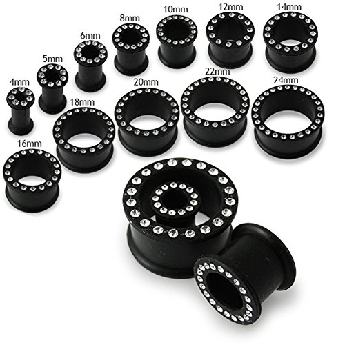 Multi Crystal Stone Setting on Black Soft and Flexible Silicone Double Flared Tunnel Gauge Ear Plug3