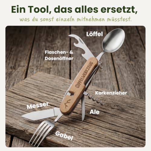 Gipfelgaudi All-in-One Camping Besteck: ideal zum Wandern, Picknick & mehr I Plastikfreies Besteck To Go aus rostfreiem Edelstahl & Holz – Ansicht 5