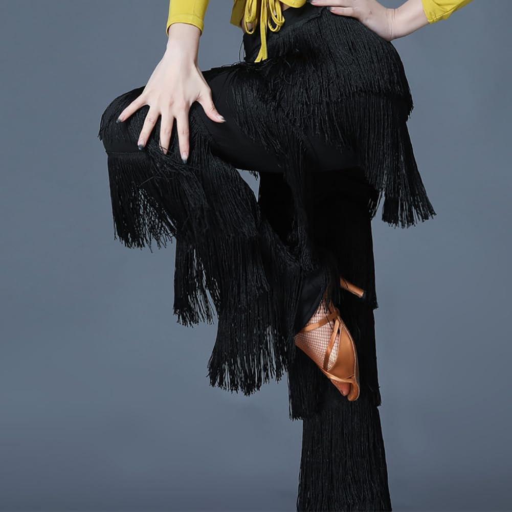 Inlefen Pantalones de Baile Latino para Mujer Con Borlas y Flecos Escalonados - Rendimiento de Tango Cha-Cha, Cintura Elástica