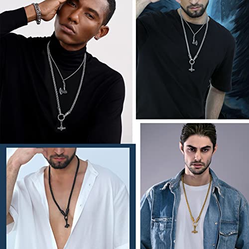 PROSTEEL Norse Viking Jewelry for Men Women, Vintage Thor Hammer/Thor Axe/Raven/Odin Necklace, Black/Gold Plated 316L Stainless Steel Pendant Chain, Come with Box2