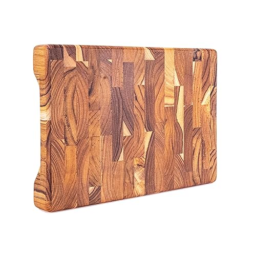 Erreke Tabla de Cortar en Madera Teca Natural End Grain 30x20x3.2cm, Tabla Cortar Cocina, Ideal para Servir Carne Queso Pan, Cocinas Pequeñas