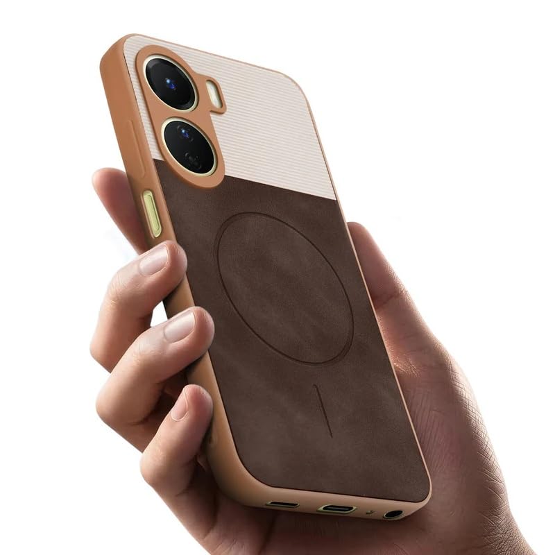 Image of Bintage case Dual-Leather Macc-Safe Design Phone Case| Soft Touch Finish | Full Camera Protectection Back Cover Compatible for Vivo V2311 /Vivo Y56 / Y16 / T2x 5G - White & Choco Brown