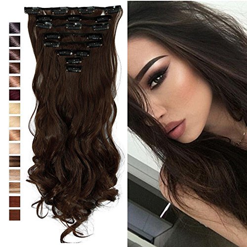 S-noilite 24"(60cm) Curly Medium Brown 8pcs Full Head Clip in Hair Extensions Best Xmas Gifts for Beautiful Lady Long