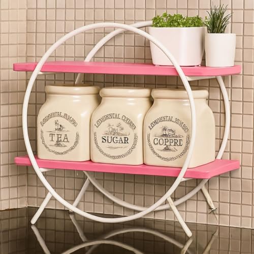 Image of 2 Tier Spice Rack Organizer for Kitchen Countertop - Metal & Wooden Masala Stand Condiments, Seasonings Multipurpose Storage Rack for Home & Kitchen Decor (Blk Brown) (Pink White)