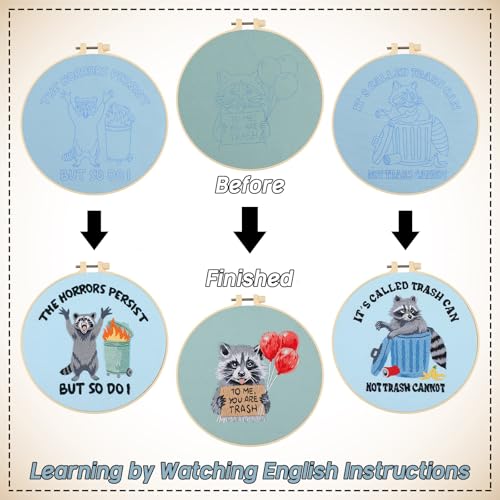 Image of Mindsoft 3 Set Needlepoint Kit for Beginners with Hoop,Raccoon