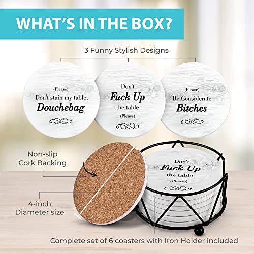 Funny Coasters For Drinks With Holder - Absorbent Drink Coasters Set 6 Pcs - 3 Sayings - Housewarming Gift For Friends - Men, Women Birthday - Cool Home Decor - Living Room, Kitchen, Bar Decorations #TOP5