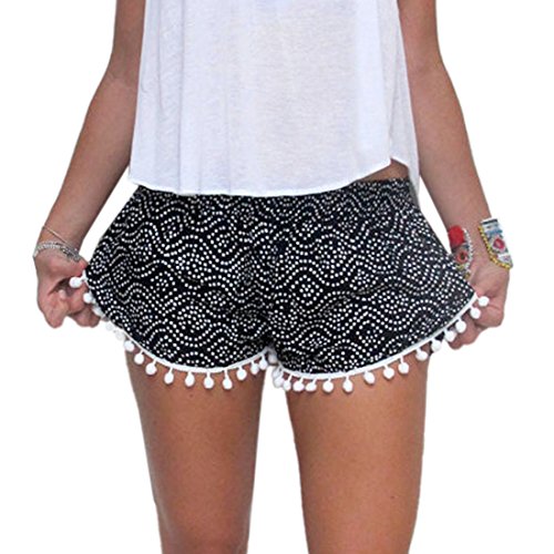 Verano Imprimio Los Pantalones Cortos De Cintura Elastica Mujeres De Playa Pantalones Cortos Borla Informal (M, Negro)