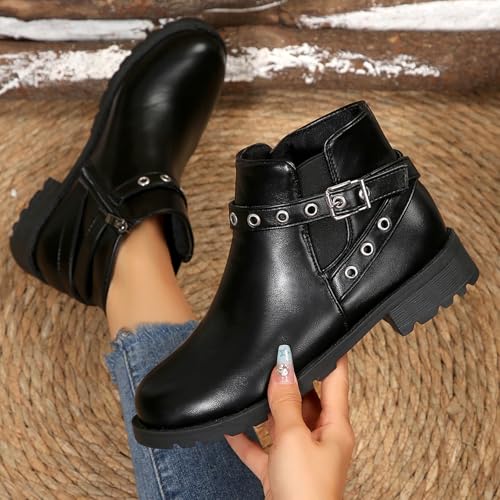 Bottes style britannique en polyuréthane uni avec talon bas épais - 7