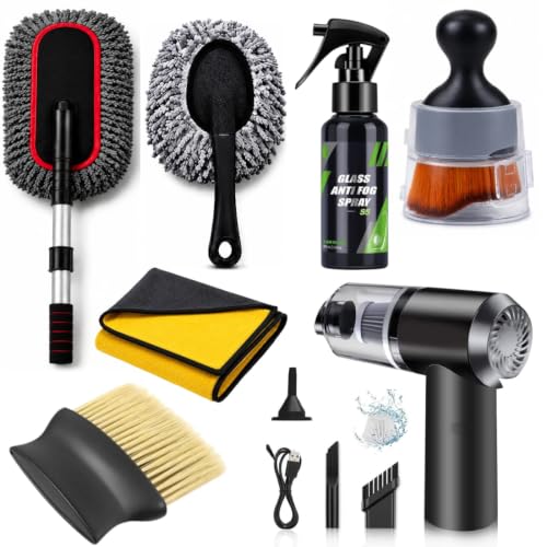 Image of 7 PCS Car Cleanig Kit with 3-in-1 Mini Vacuum Cleaner, Microfiber Cloth,Big Duster,Car Cleaning Anti-Fog Spray,Wheel Brush,AC Vent Brush&Interior Cleaning for velar,Truck,Bike Cleaning Tools